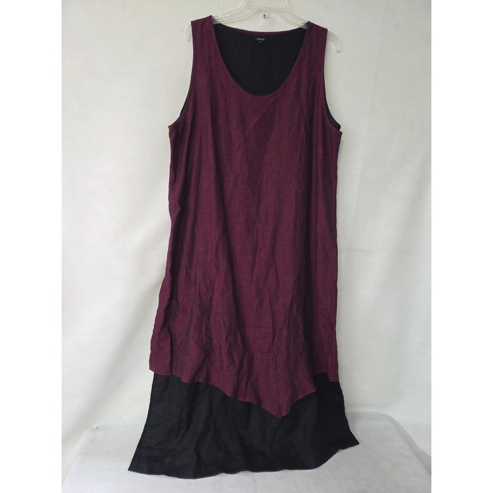 Vivid Linen Women Purple Black 100% Linen Layered Asymmetrical Maxi Dress Large